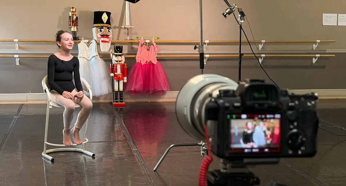 Close-up of a video camera filming a subject during a professional production interview in Jamestown NY